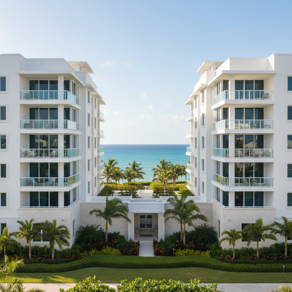A sunlit contemporary Caribbean condo exterior featuring clean white stucco facades, expansive glass balcony railings, and subtle pale gray stone accents. The condo sits along neatly landscaped tropical grounds with sculpted hedges and a glimpse of the turquoise ocean beyond. Soft midday sunlight enhances the crisp lines and neutral tones, casting minimal, framed shadows on the building. The atmosphere is calm, polished, and highly professional. Captured from a slightly elevated, wide-angle viewpoint for balanced, symmetrical composition, every architectural detail is crystal clear in a photographic realism style. This image projects trust and sophistication for a Caribbean condo rental service.