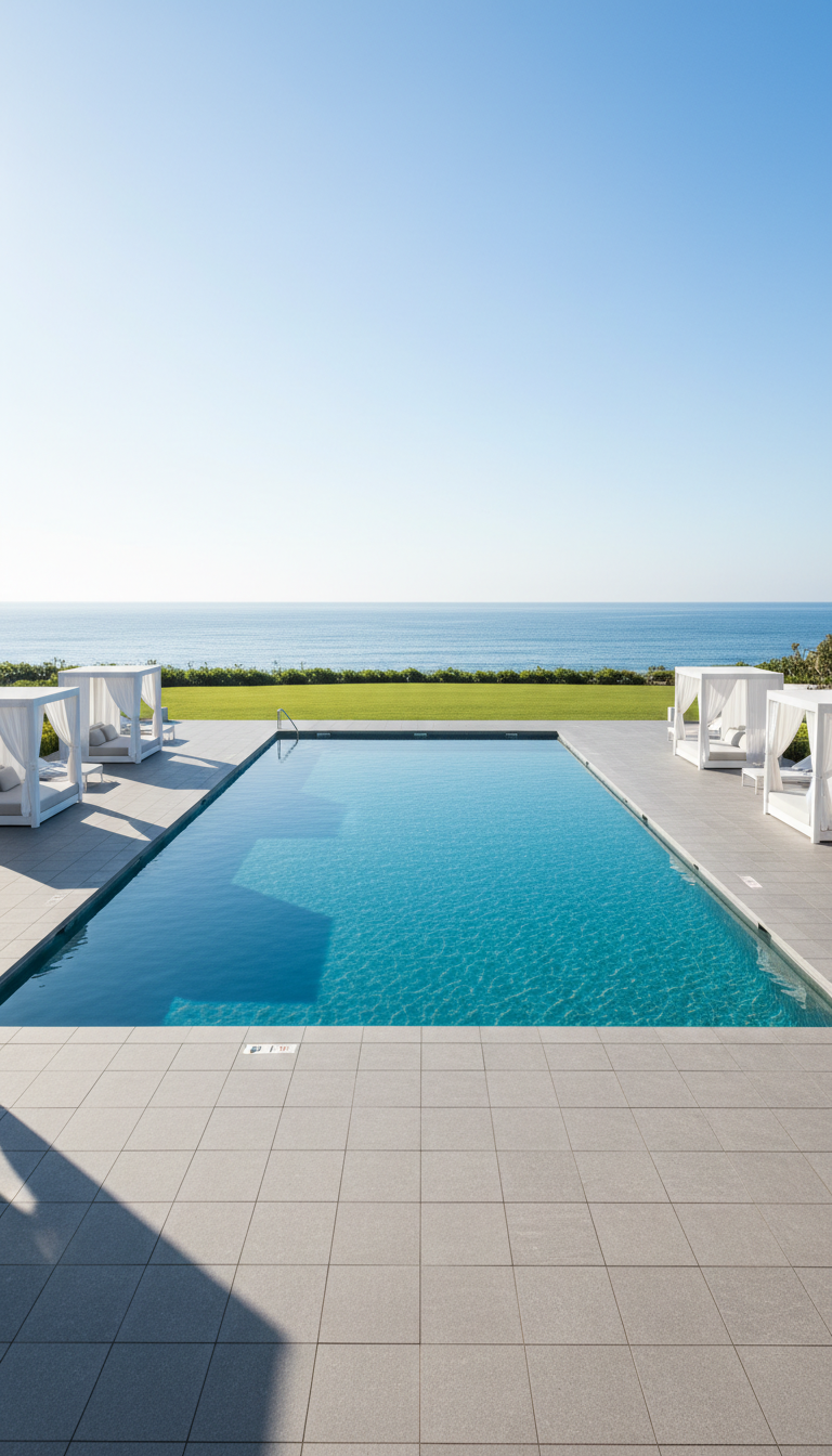 A corporate-style condo amenities feature: a spotless infinity-edge swimming pool with geometric lines, clear turquoise water, and neutral gray stone decking. The pool overlooks manicured green lawns and the distant sparkling ocean, with white cabana sun shelters spaced precisely along the deck. Late morning sunlight illuminates the scene, creating crisp reflections on the water and subtle shadows beneath the cabanas. The mood is exclusive, composed, and serene. Photographed from a slightly elevated, wide-angle perspective, the composition highlights symmetry and structure, with photographic realism and a refined, professional aesthetic that supports a luxury rental experience.